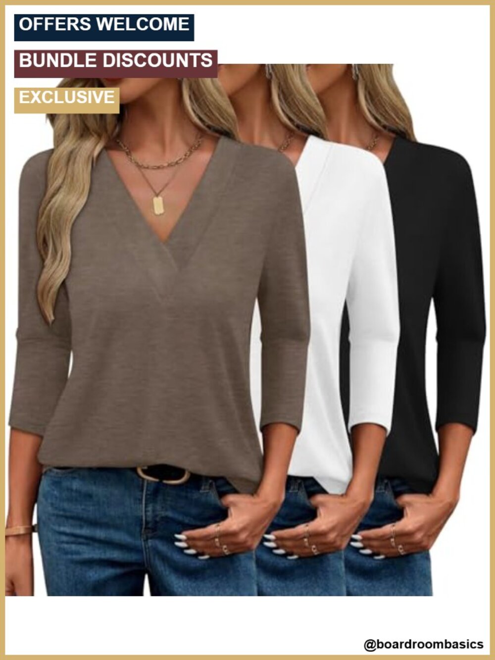 3 Pack 3/4 Sleeve V Neck Tops Casual Loose Blouses T-Shirts